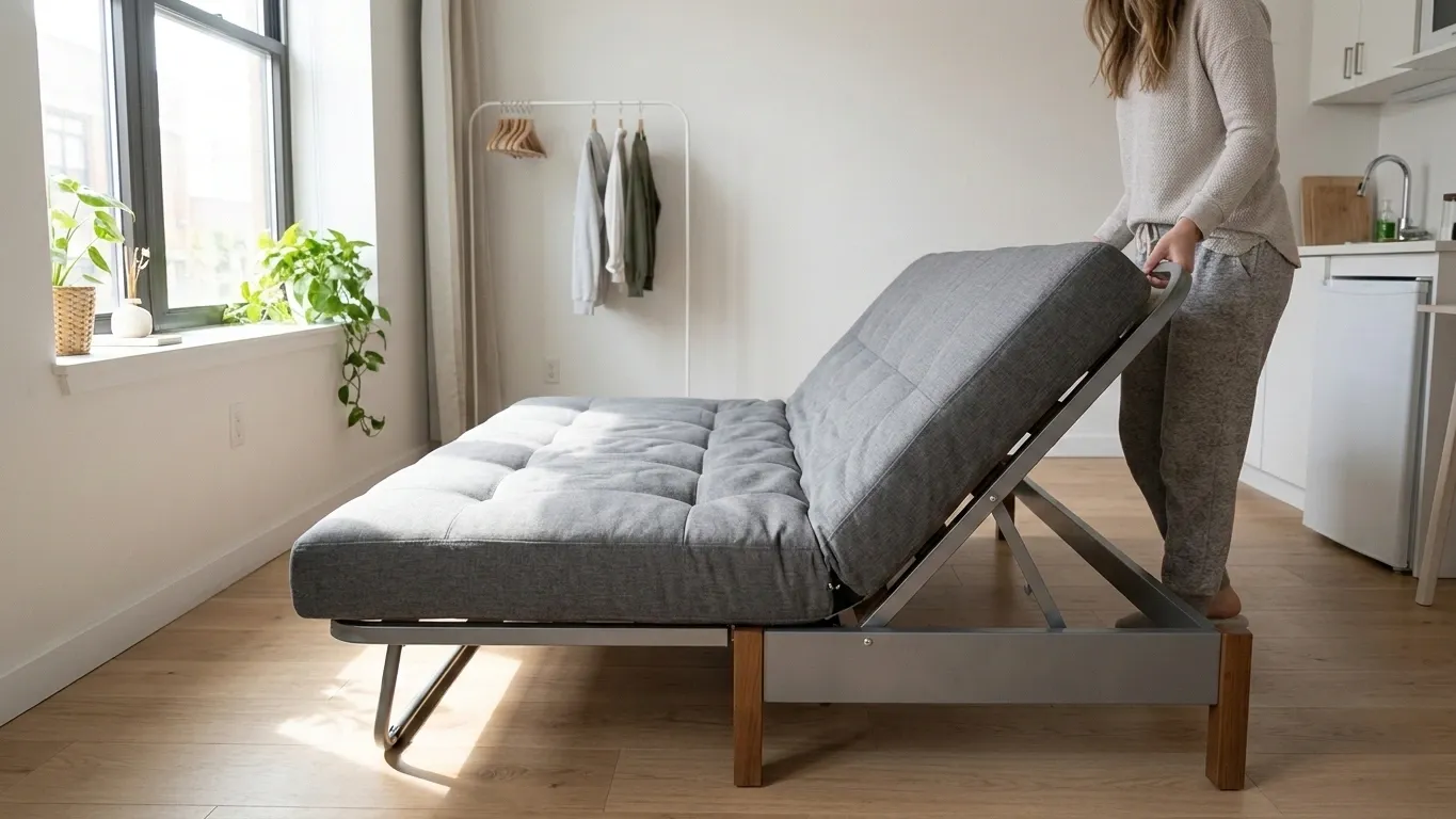 Woman folding a grey futon flat in a bright studio apartment with plants and a clothing rack in the background