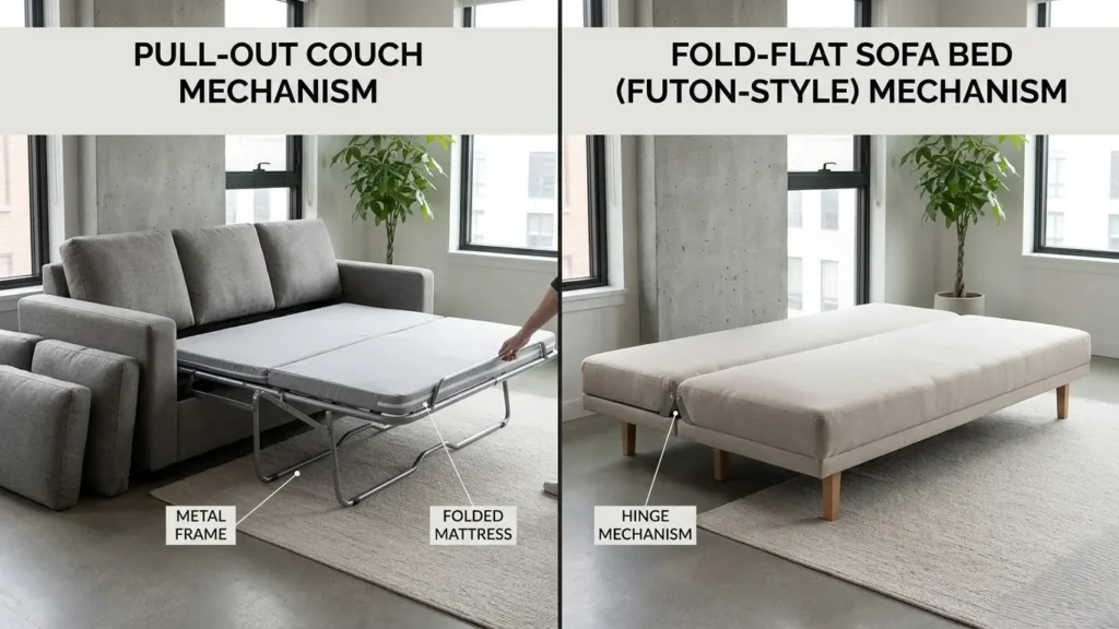 Pull-out couch mechanism compared to a fold-flat sofa bed design