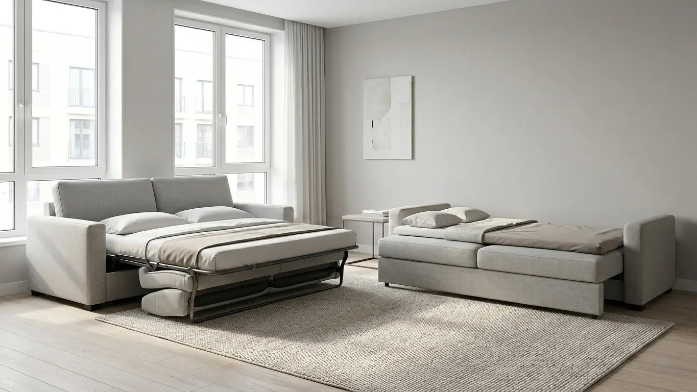 Sleeper sofa with pull-out mattress compared to a fold-flat sofa bed