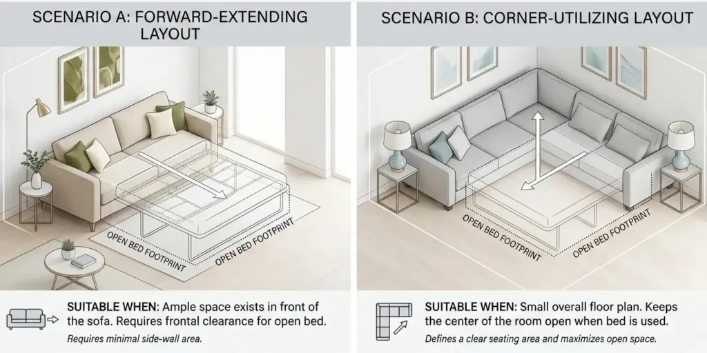 small apartment layout of pull-out couch vs sectional sleeper sofa