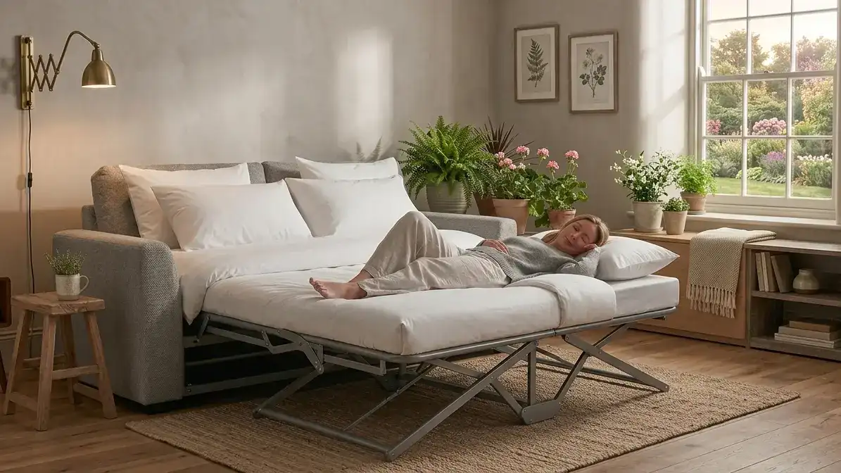 Adult sleeping comfortably on a pop-up trundle bed raised to the same height as the main daybed beside it