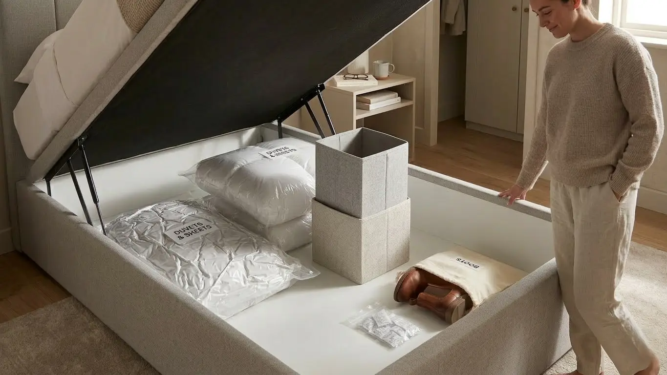 Person lifting an ottoman bed base with one hand while gas pistons hold it open