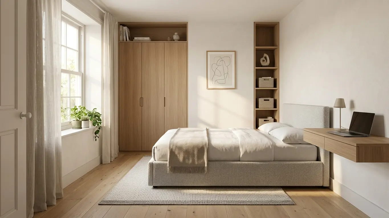 Small bedroom with an ottoman storage bed as the main piece of furniture