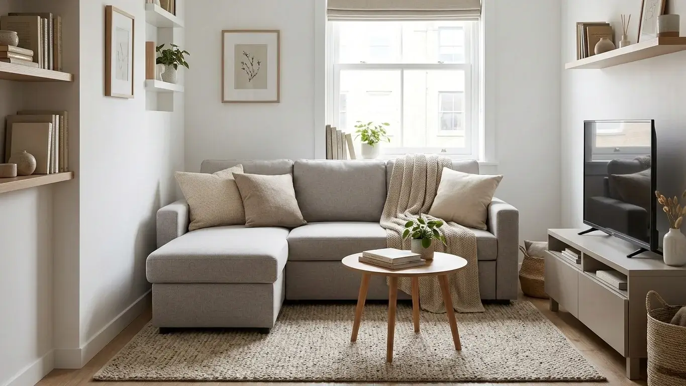 L-shaped sectional sleeper sofa in a small apartment living room with pull out bed