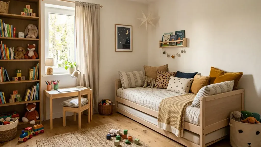 Child's bedroom with a daybed styled as a reading nook with trundle hidden underneath
