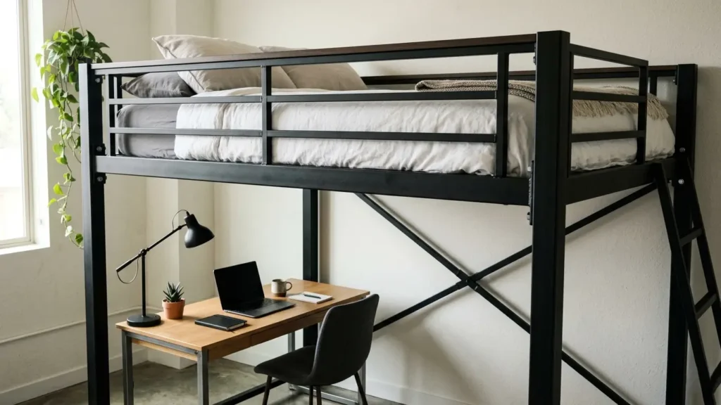 Close-up of a full size metal loft bed frame showing the raised sleeping platform and open workspace underneath
