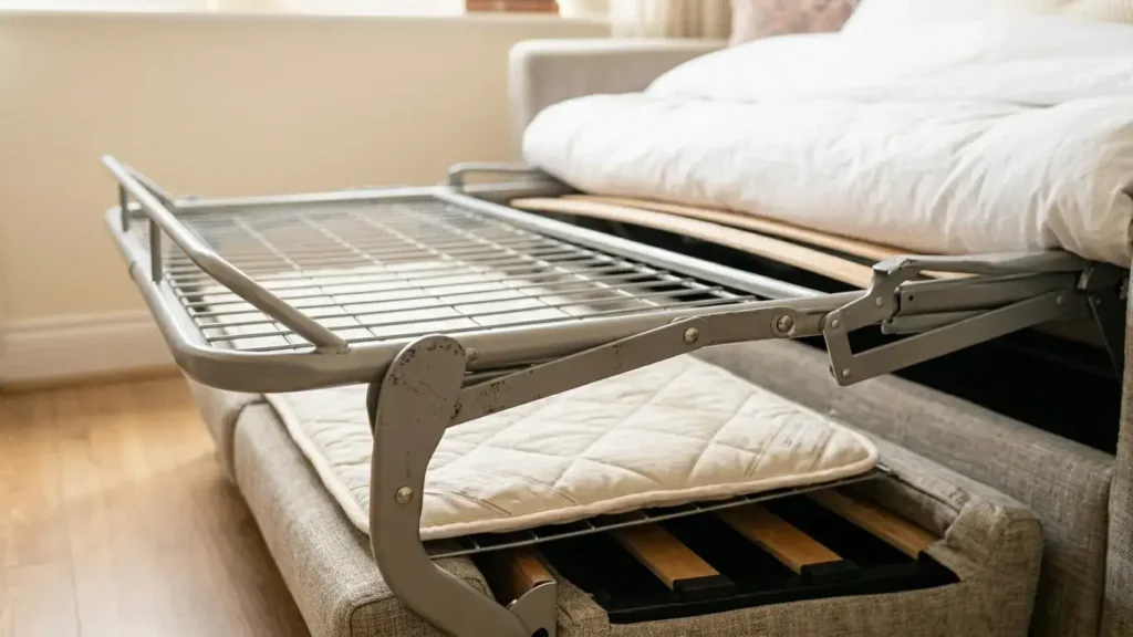 Close-up of a sofa bed pull-out mechanism showing the metal folding frame and mattress thickness