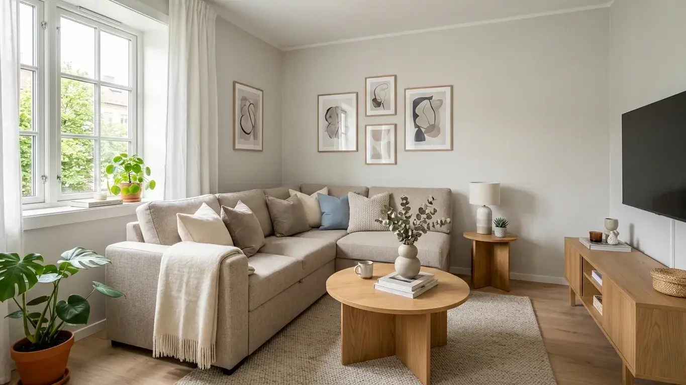 Compact corner sofa bed in a small living room with coffee table and natural light from a nearby window