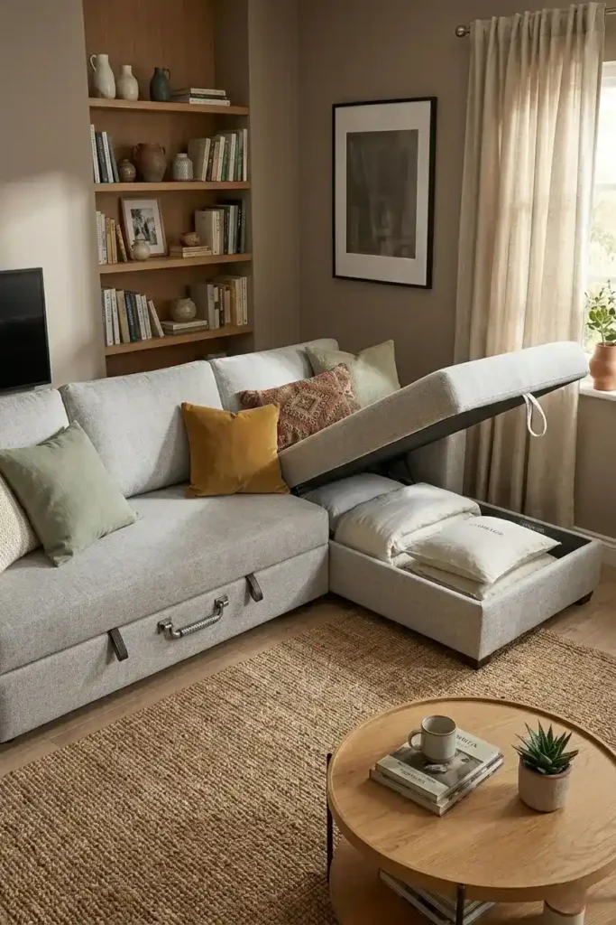 Corner sofa bed with chaise storage compartment open showing neatly folded bedding inside a small living room