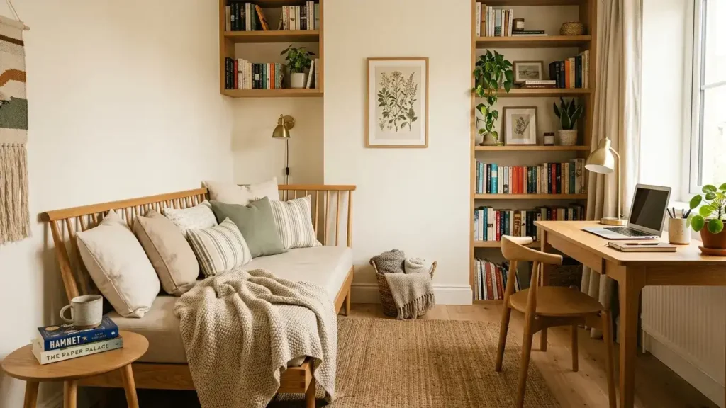 Daybed styled as a reading nook in a small home office that doubles as a guest room