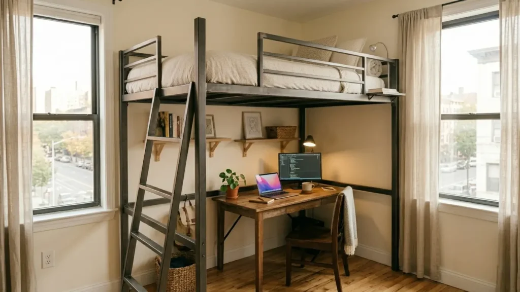 Full size loft bed in an adult bedroom with a home office desk setup underneath and clean bedding on the sleeping platform
