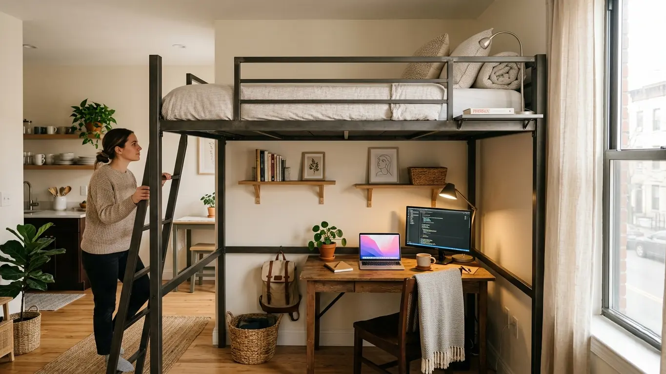Full size loft bed in an adult studio apartment with desk space underneath