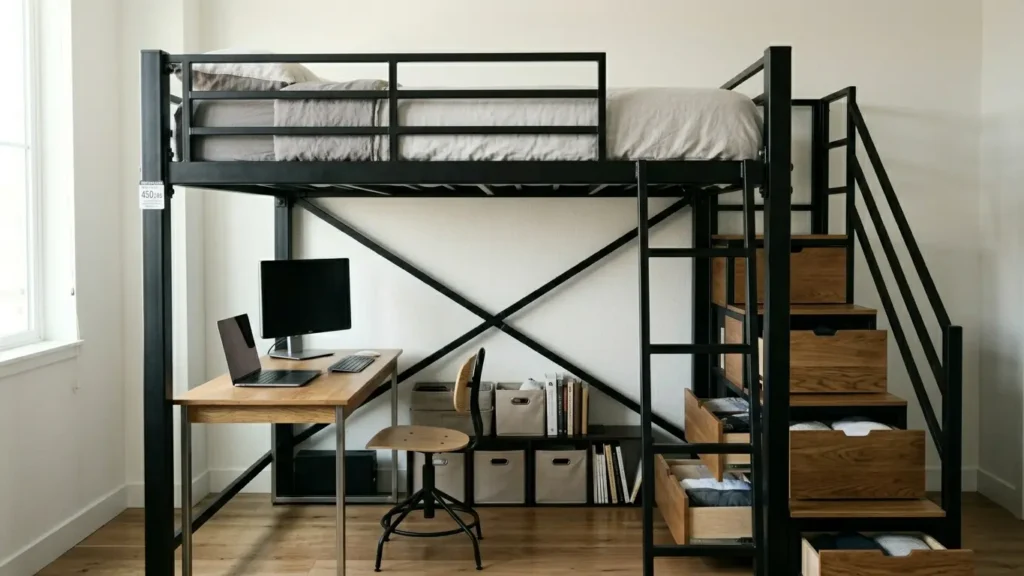 Full size loft bed with built-in storage staircase showing individual steps with drawers underneath