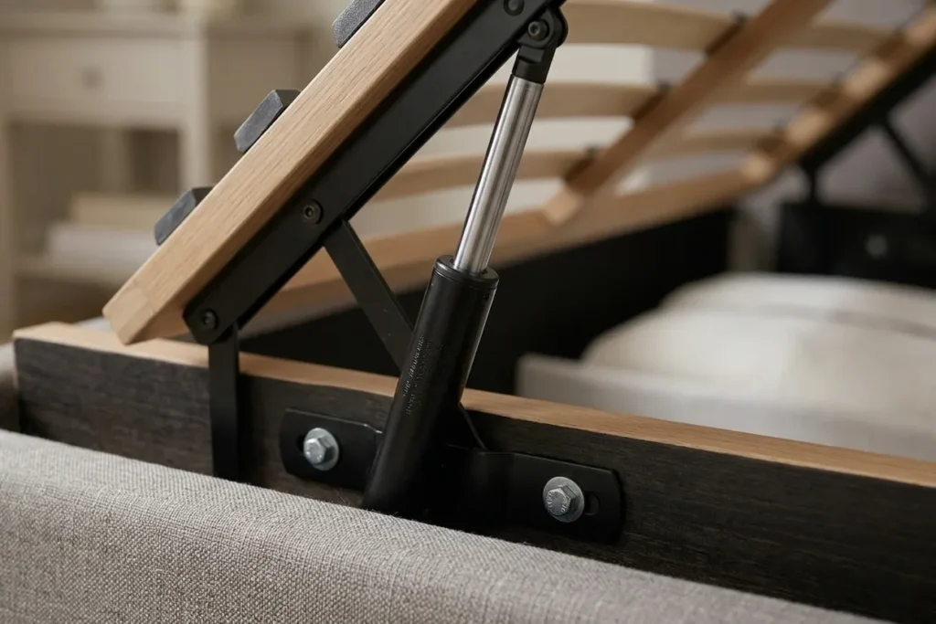 Close-up of a gas lift piston mechanism inside an ottoman bed frame