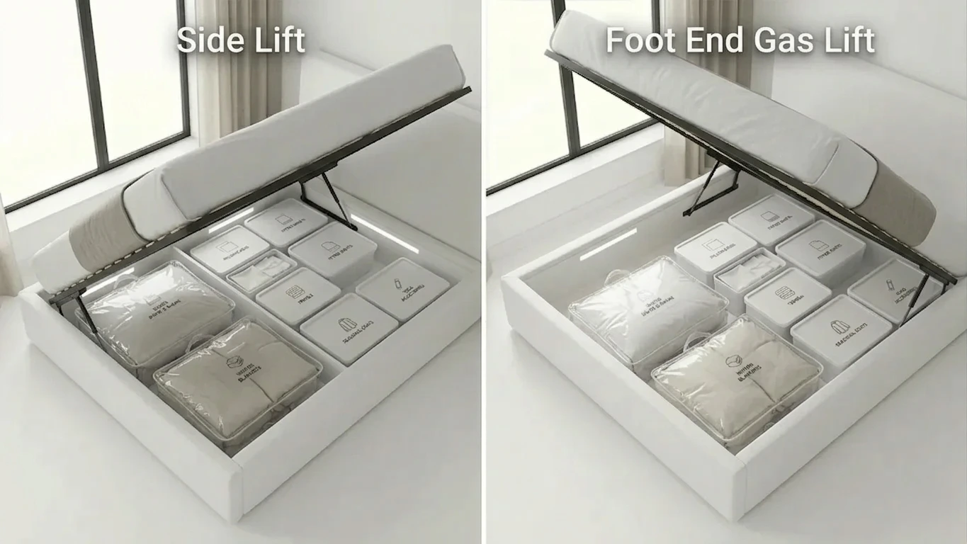 Side by side comparison of a foot end gas lift ottoman bed and a side lift ottoman bed