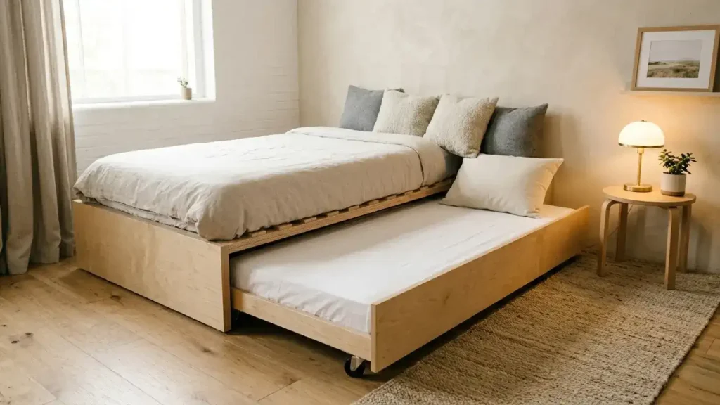 Guest bedroom with daybed and trundle both made up with clean bedding