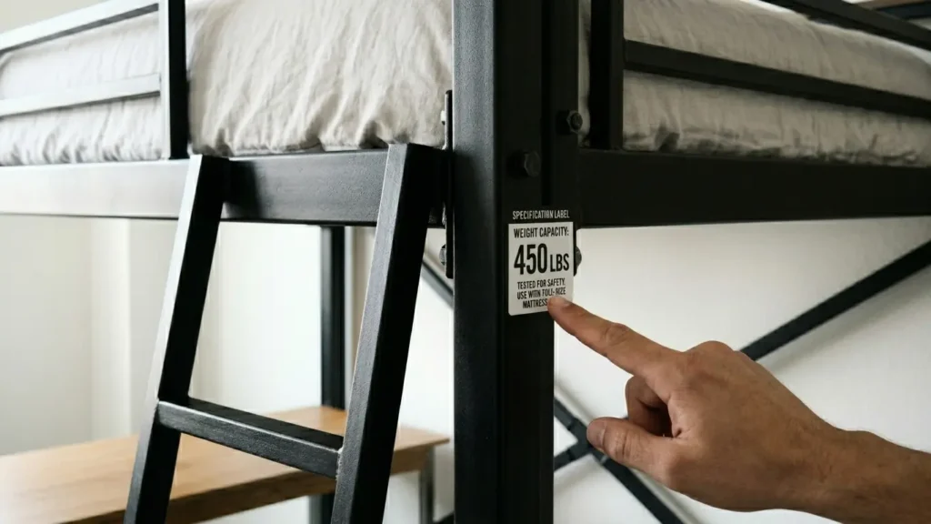 Hand pointing to weight capacity specification on a metal loft bed frame
