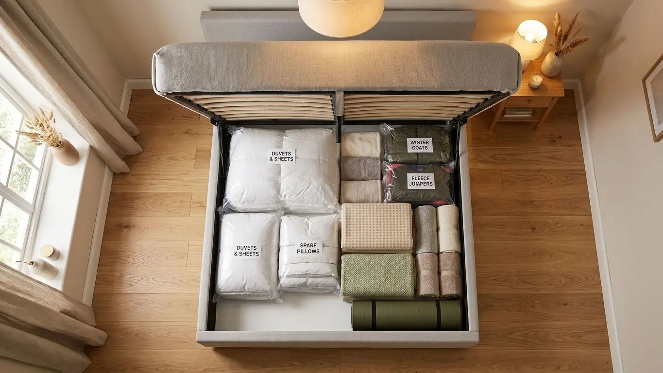 Open double ottoman bed from above showing a fully packed and organised storage compartment