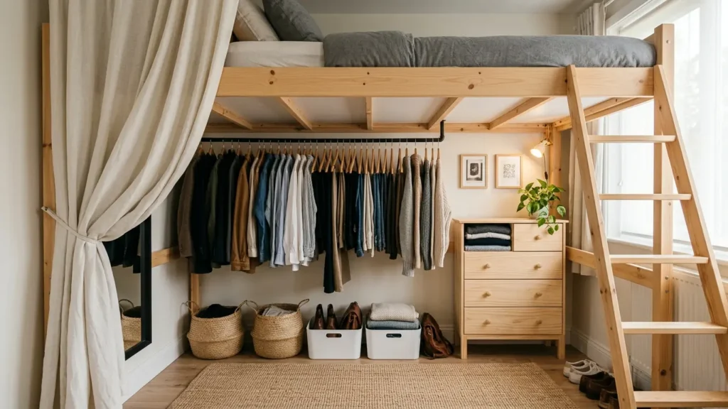 Loft bed with a clothing storage setup underneath including a hanging rail and drawers