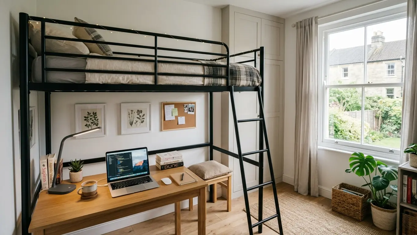 Loft bed with desk and study area set up underneath in a small bedroom