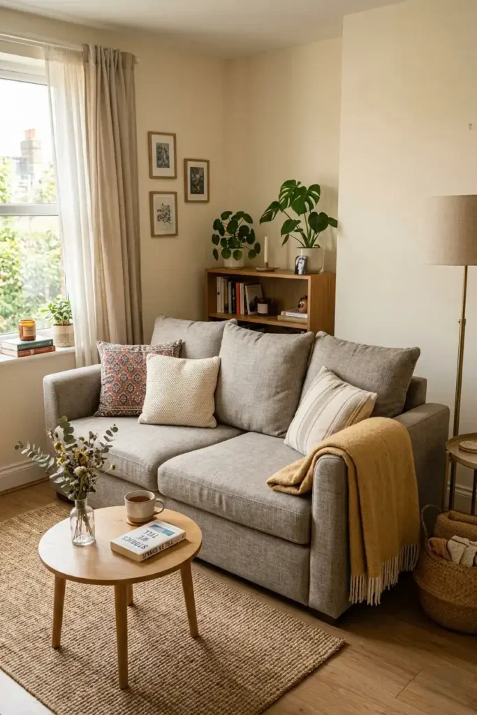 Modern sofa bed styled as a living room sofa in a small apartment with cushions, throw and coffee table