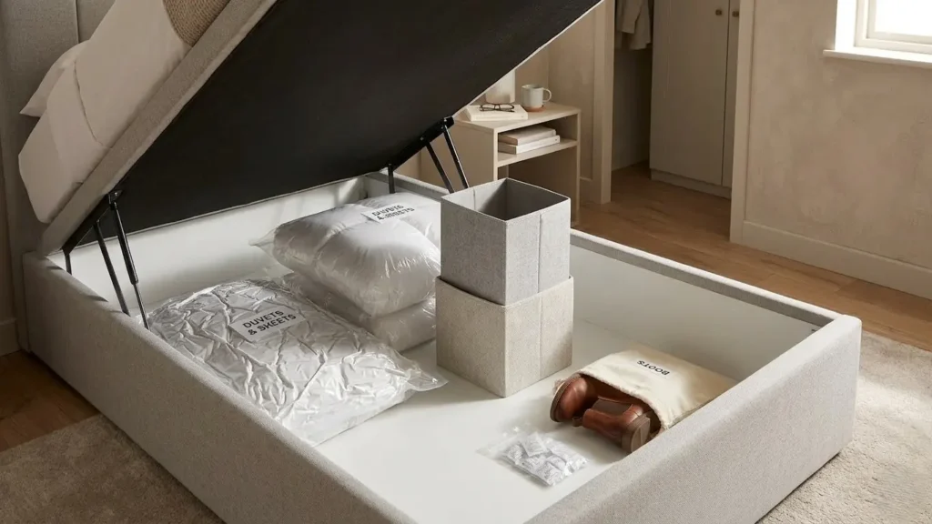 Organised double ottoman bed storage compartment with vacuum bags, fabric cubes and boots in a small bedroom
