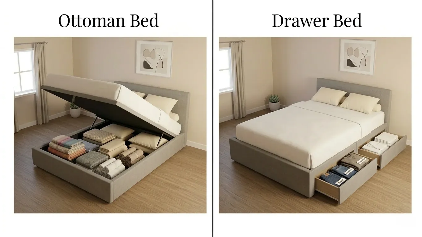 Ottoman storage bed with open base on the left versus a drawer bed with open side drawers on the right