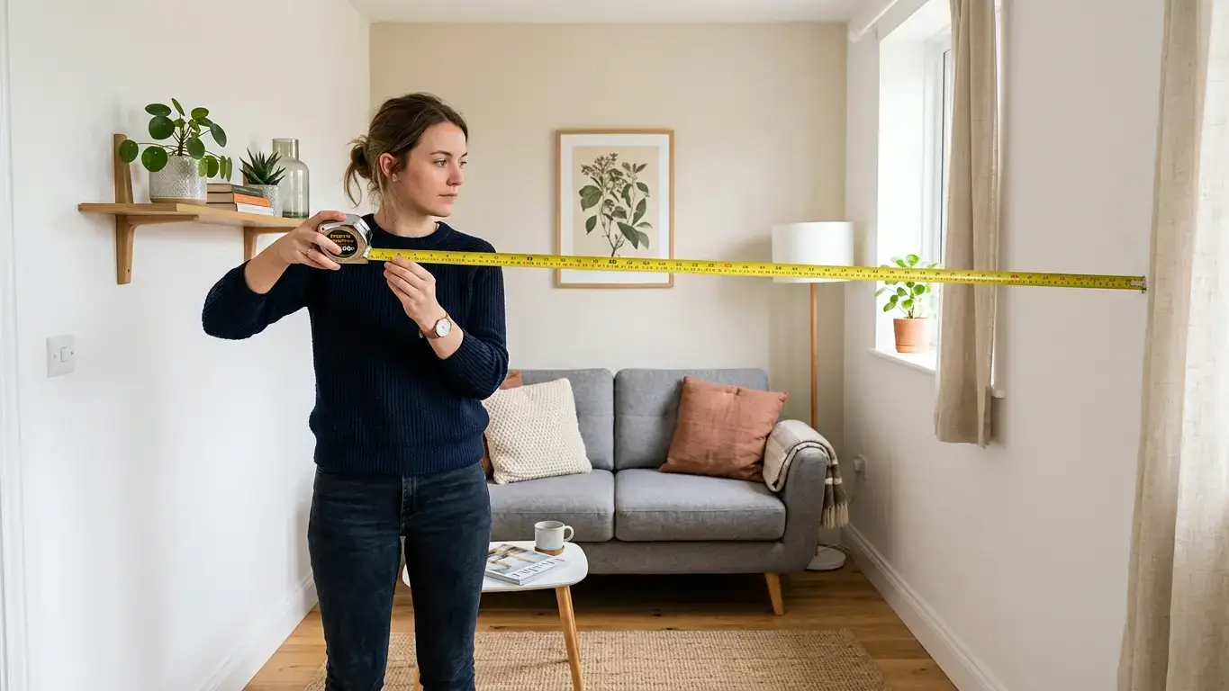 Person measuring a small apartment living room width with a tape measure and a compact sofa visible against the wall