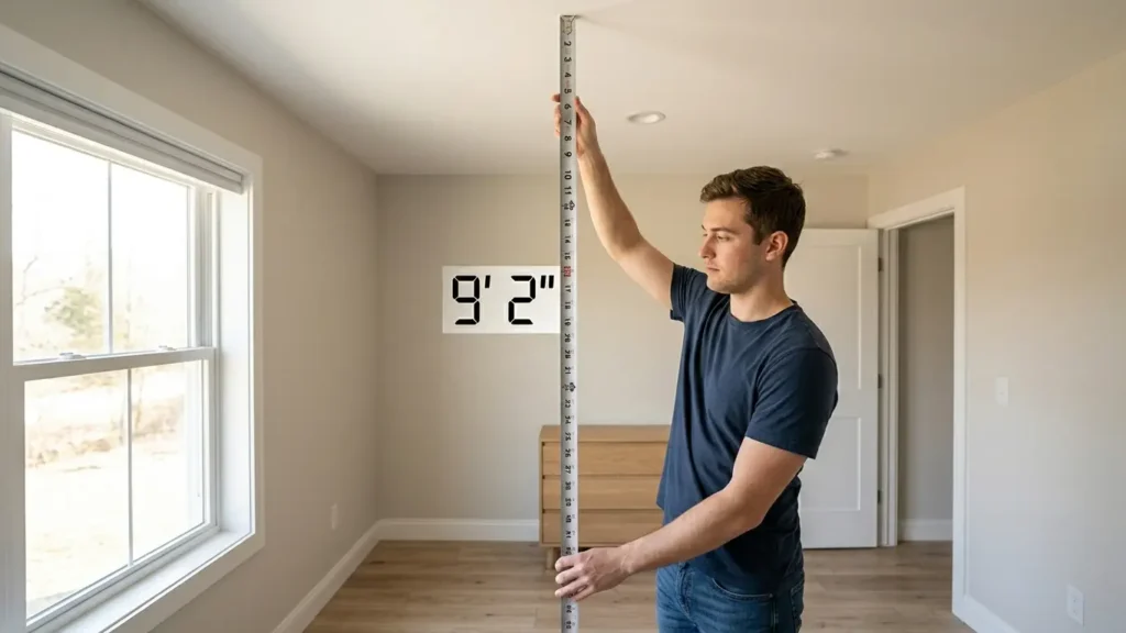 Person measuring ceiling height in a bedroom with a tape measure extended from floor to ceiling