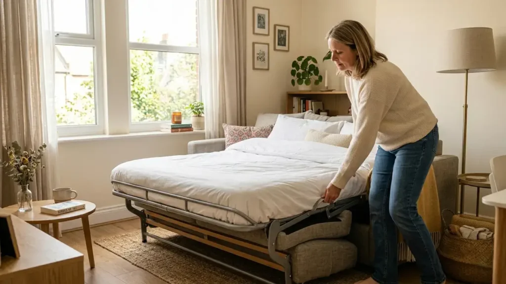 Person mid-conversion pulling out a sleeper sofa mattress in a small living room