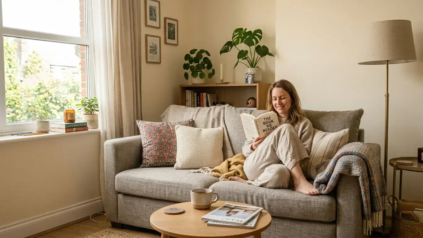 Person sitting and reading on a sofa bed styled as a sofa in a small apartment living room