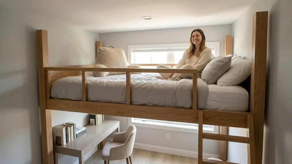 Person sitting upright comfortably on a loft bed upper platform with clear space between their head and the ceiling