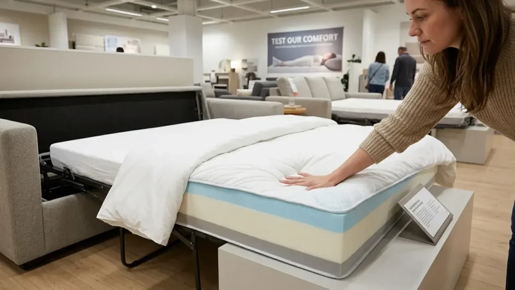 Person testing the firmness and thickness of a sofa bed mattress in a furniture showroom