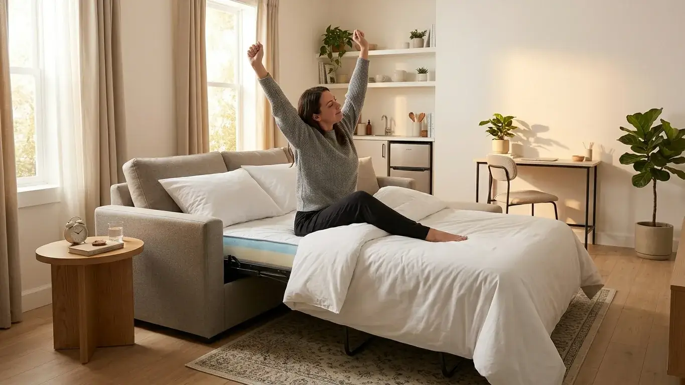 Person waking up and stretching on an open sleeper sofa in a small apartment with morning light