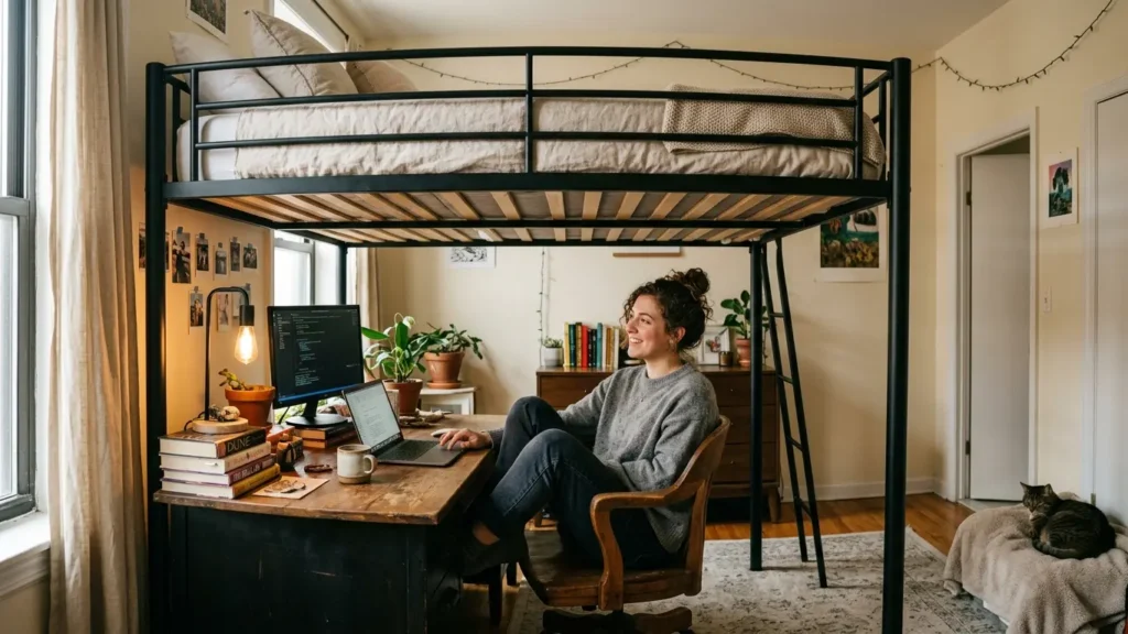 Person working at a desk underneath a full size loft bed in a small apartment