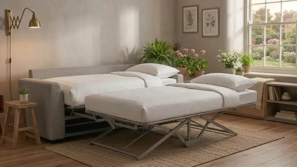 Pop-up trundle bed raised to the same height as the main daybed in a tidy guest room