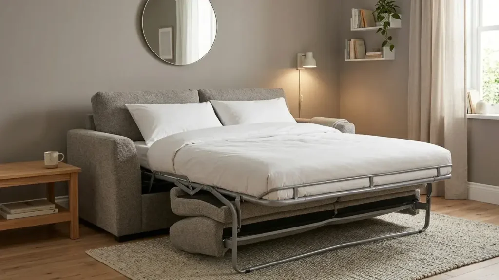 Pull-out couch fully converted into a bed in a small living room with coffee table pushed aside