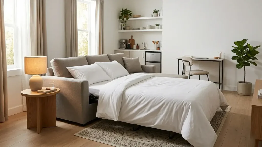 Pull-out sleeper sofa partially converted in a small studio apartment with bedding and clear walking space around it