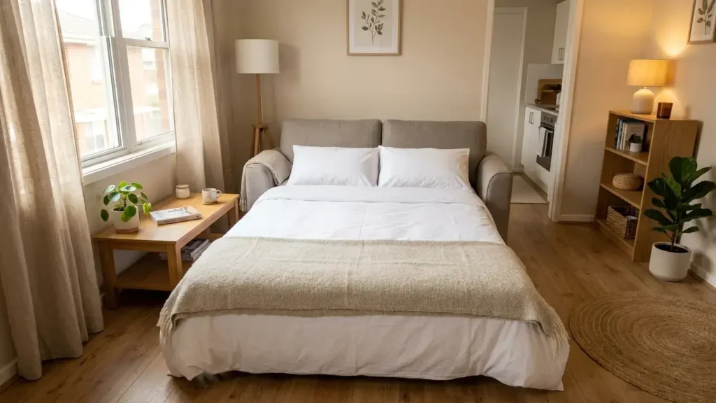 Queen sleeper sofa fully extended in a small apartment living room showing how much floor space the open bed takes up