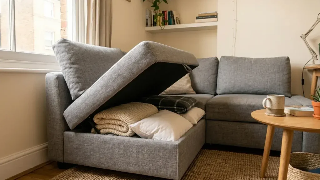 Sectional sofa chaise storage compartment open showing blankets and pillows stored inside in a small studio