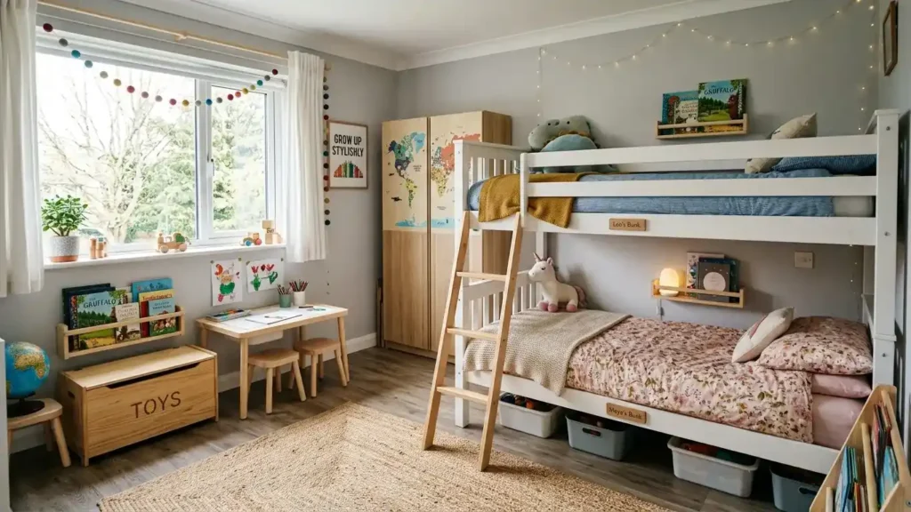 Shared kids bedroom with a bunk bed showing both sleeping levels neatly made up