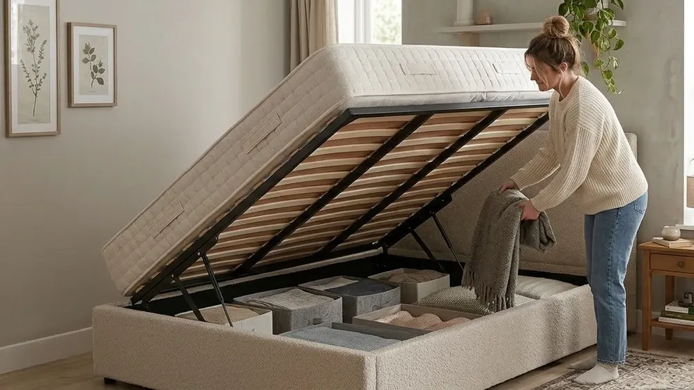 Person using a side lift ottoman bed to retrieve bedding from the storage compartment