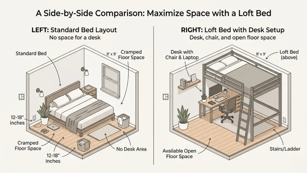 Side by side comparison of a small bedroom with a standard bed versus a loft bed with desk space underneath