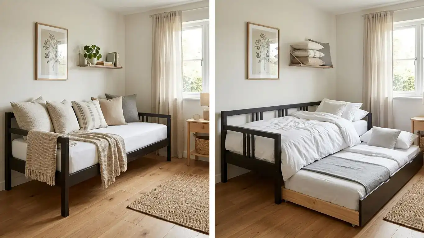 Side by side comparison of a standard daybed and a daybed with trundle pulled out showing two sleeping surfaces