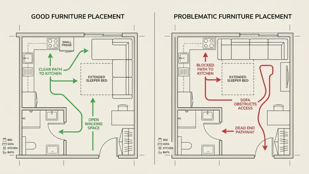 Side-by-side floor plan diagrams showing correct corner placement of sectional sleeper sofa versus incorrect single-wall placement blocking kitchen access