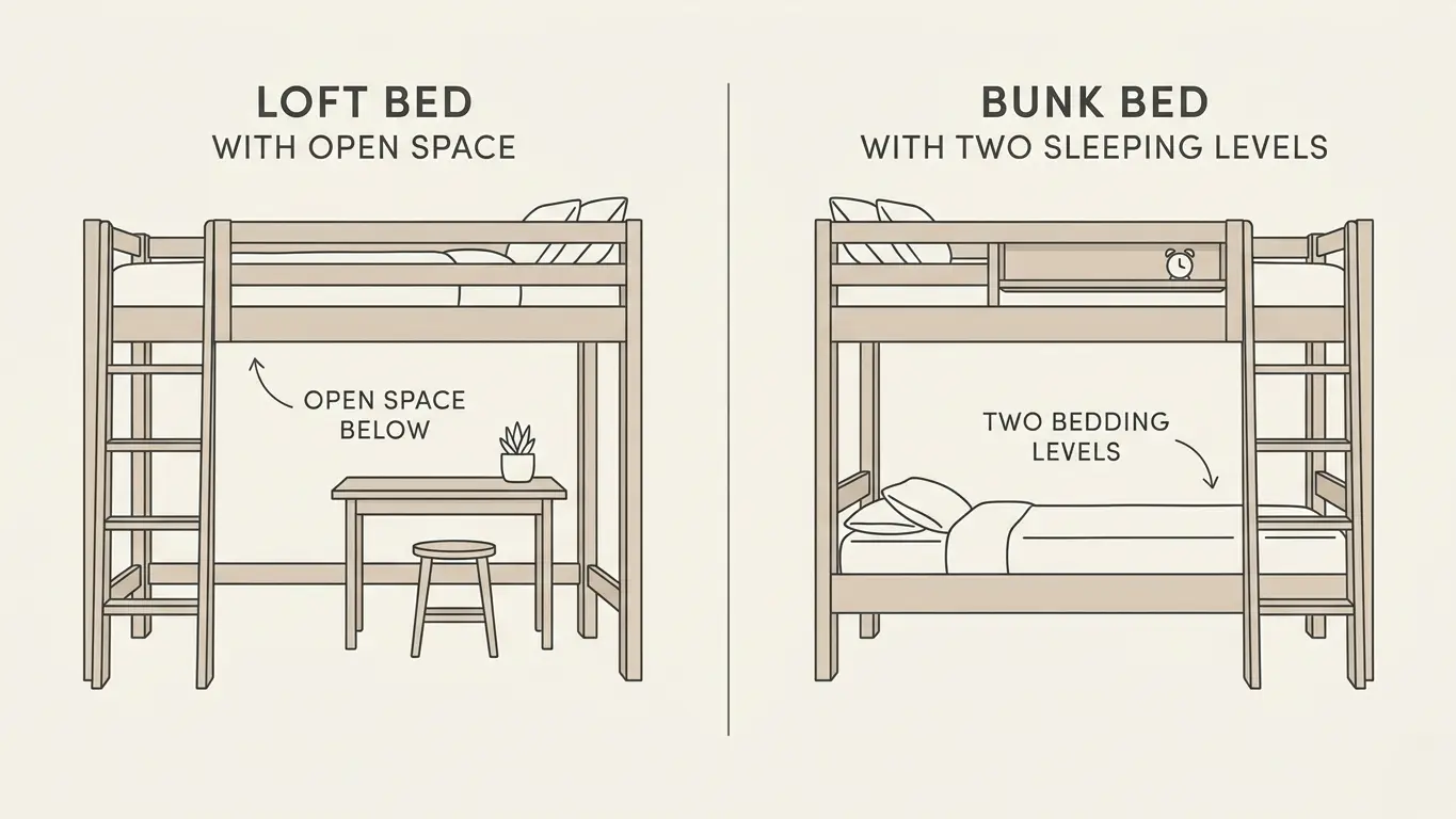Side by side illustration of a loft bed with desk space underneath versus a bunk bed with two sleeping levels