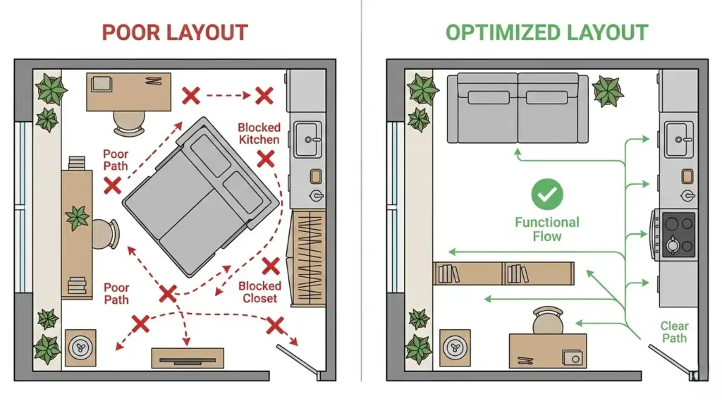 Side by side layout comparison of studio apartment, left side showing poor sofa bed placement