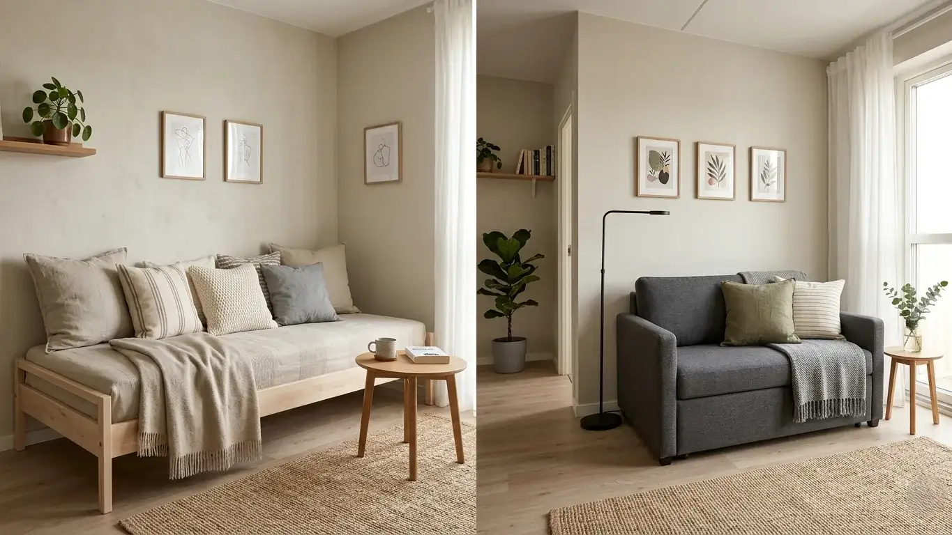 Small apartment showing a daybed styled as a sofa on the left and a sofa bed in sleeping mode on the right