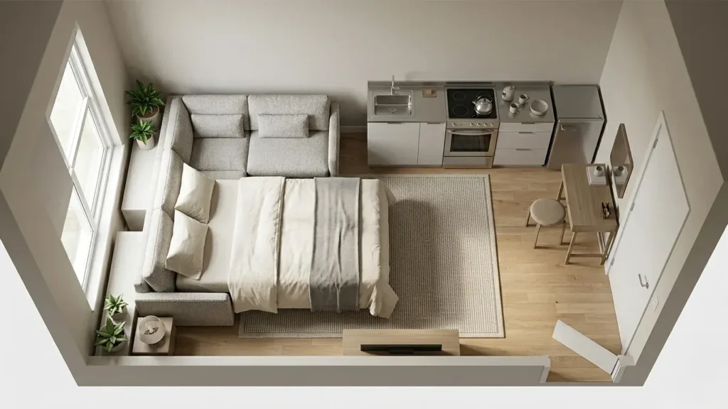 Small studio apartment with pull out sofa bed fully extended