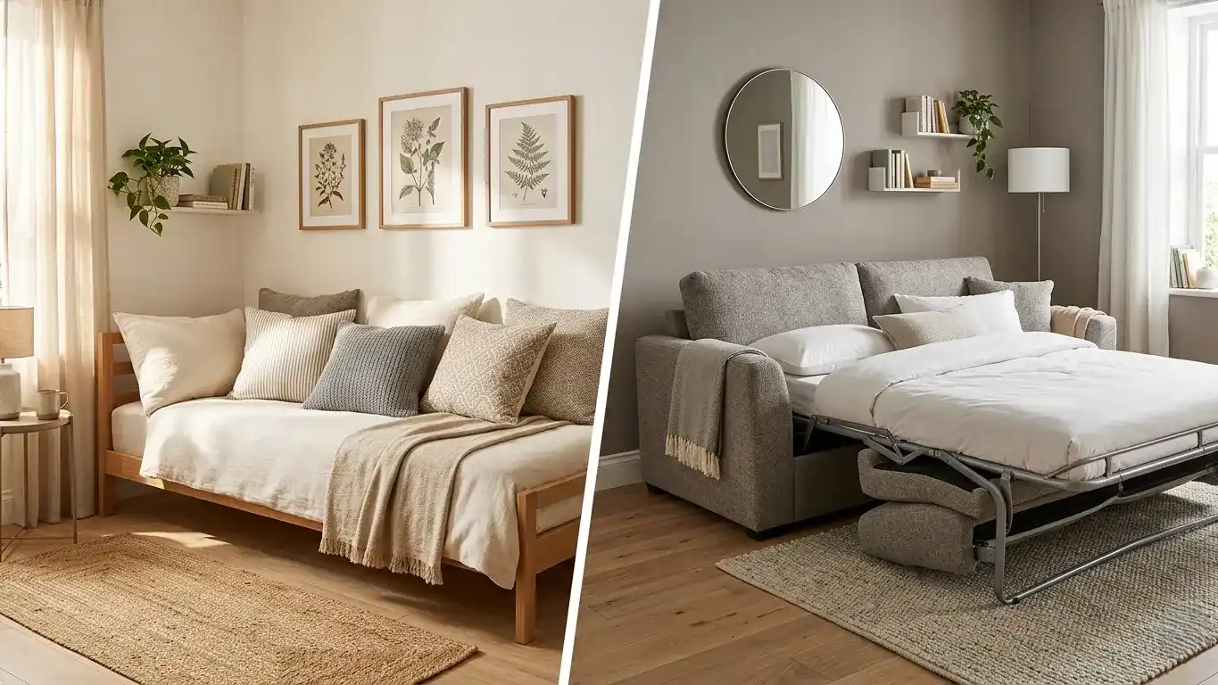 Split image showing a daybed on the left and a pull-out couch with mattress extended on the right